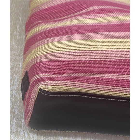 Anne Klein 2 Medium Pink & Yellow Striped Canvas Grab Handbag with Brown Trim - Picture 8 of 16